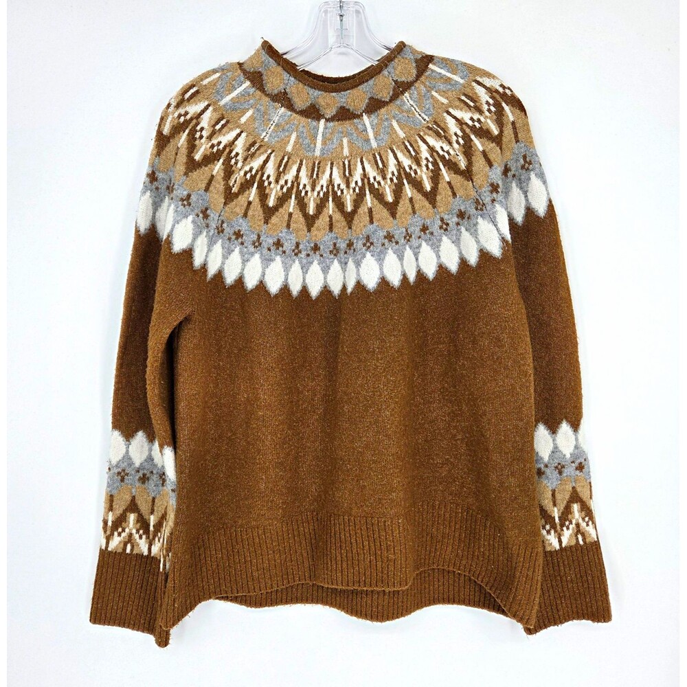 CeCe Womens Brown Fair Isle Tight-Knit Mock Neck Pullover Sweater Long Sleeve M